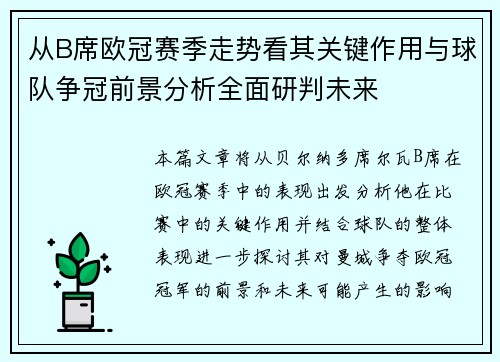 从B席欧冠赛季走势看其关键作用与球队争冠前景分析全面研判未来
