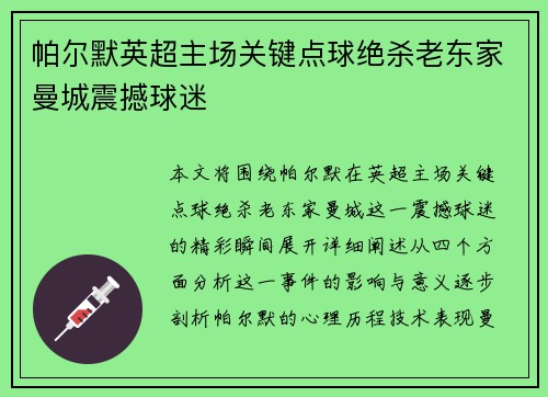 帕尔默英超主场关键点球绝杀老东家曼城震撼球迷 帕尔默英超主场关键点球绝杀老东家曼城震撼球迷